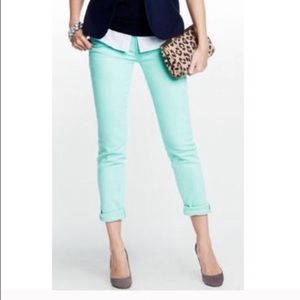 J Crew mint stretch jeans.